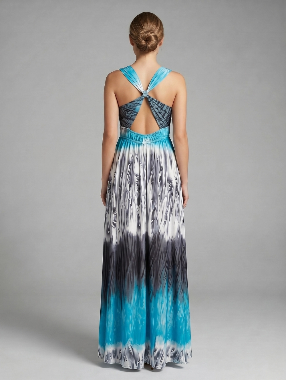 Women's Multicolor Blue/Gray/Black/White V-Neck Maxi Summer Beach Halter Dress🎀 - Picture 3 of 4